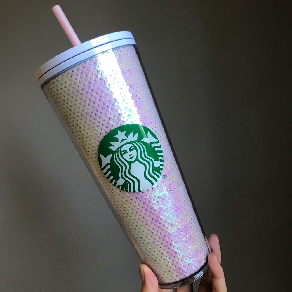 Starbucks Iridescent White Pink Yellow Sequin Mermaid Scale Cup Tumbler